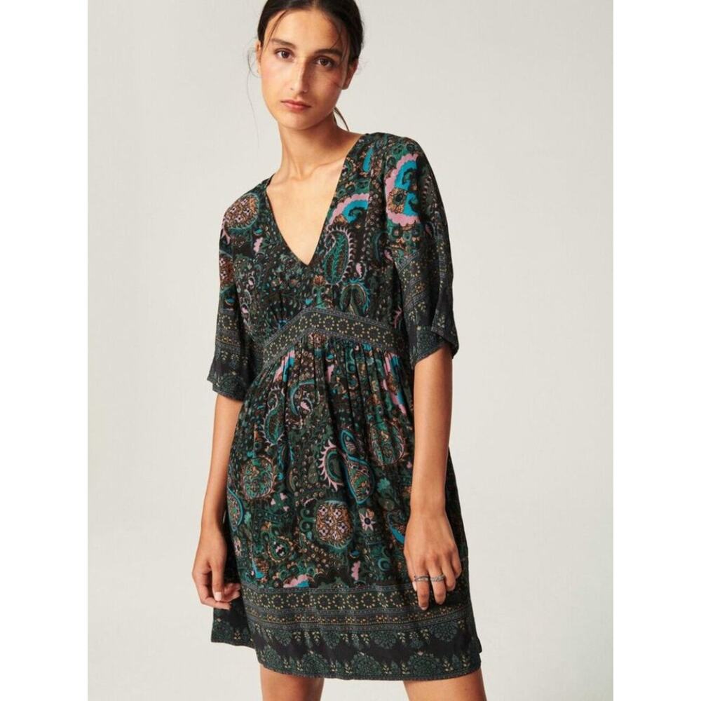 ba&sh Zelda Border Print Dress / Dark Paisley - Size 2 - Bohemian Festival